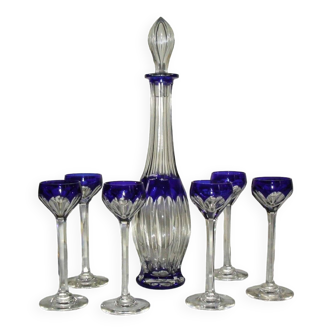 Saint louis cobalt blue overlay crystal liqueur service “bristol” model art deco period.