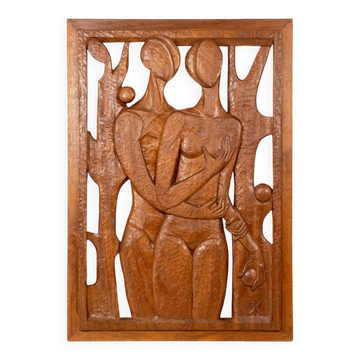Roger Kressmann. Panneau en noyer sculpté à la gouge. Années 1980.