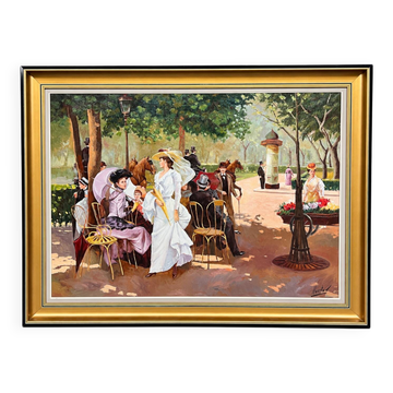 « Dans le parc » peinture à l'huile belge signée.
