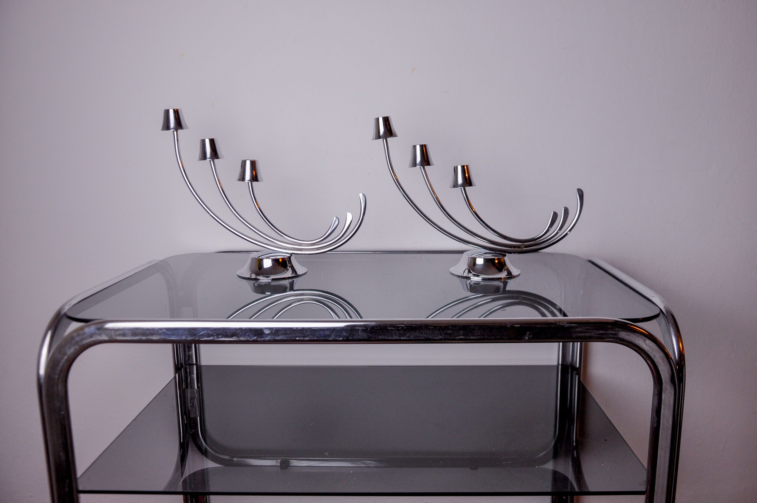 Pair of art deco candlesticks in stainless steel 3 flames, Spain, 1970