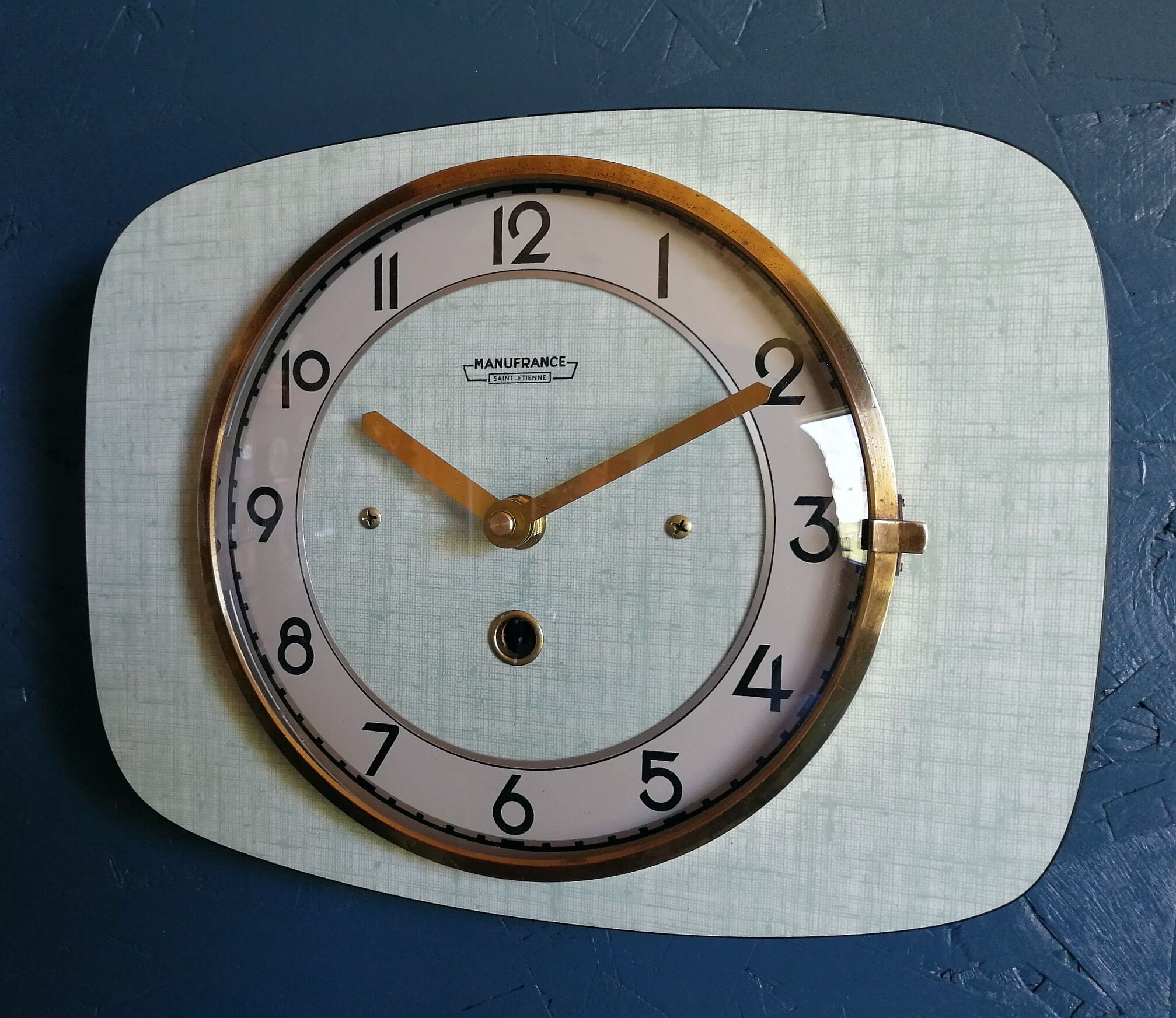 Vintage formica clock silent rectangular wall clock "Manufrance green"