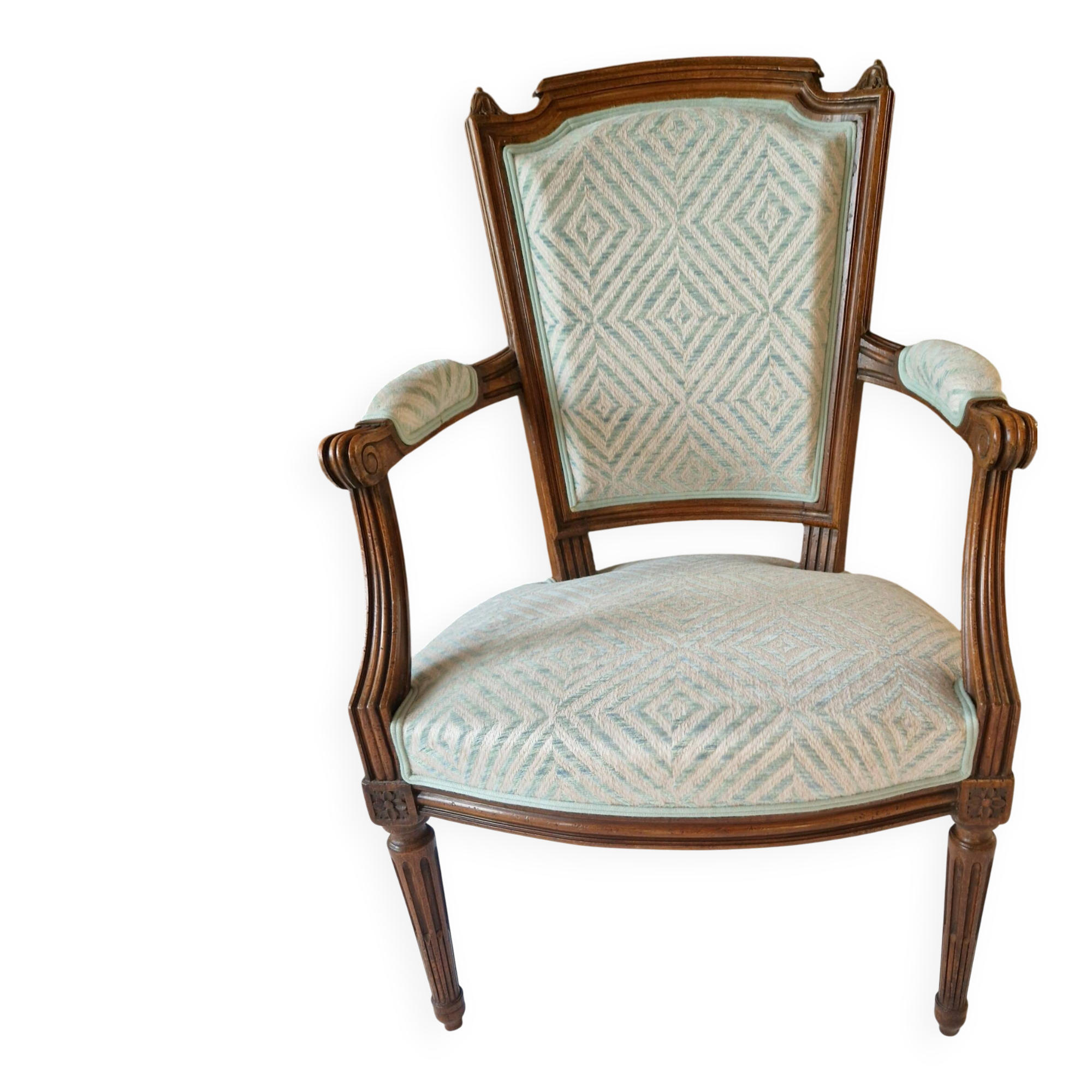 Ancien fauteuil en noyer style Louis XVI – Vert d'eau & crème – Fin XIXe