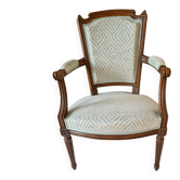 Antique walnut armchair in Louis XVI style – Water green & cream – Late 19th century