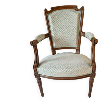 Ancien fauteuil en noyer style Louis XVI – Vert d'eau & crème – Fin XIXe