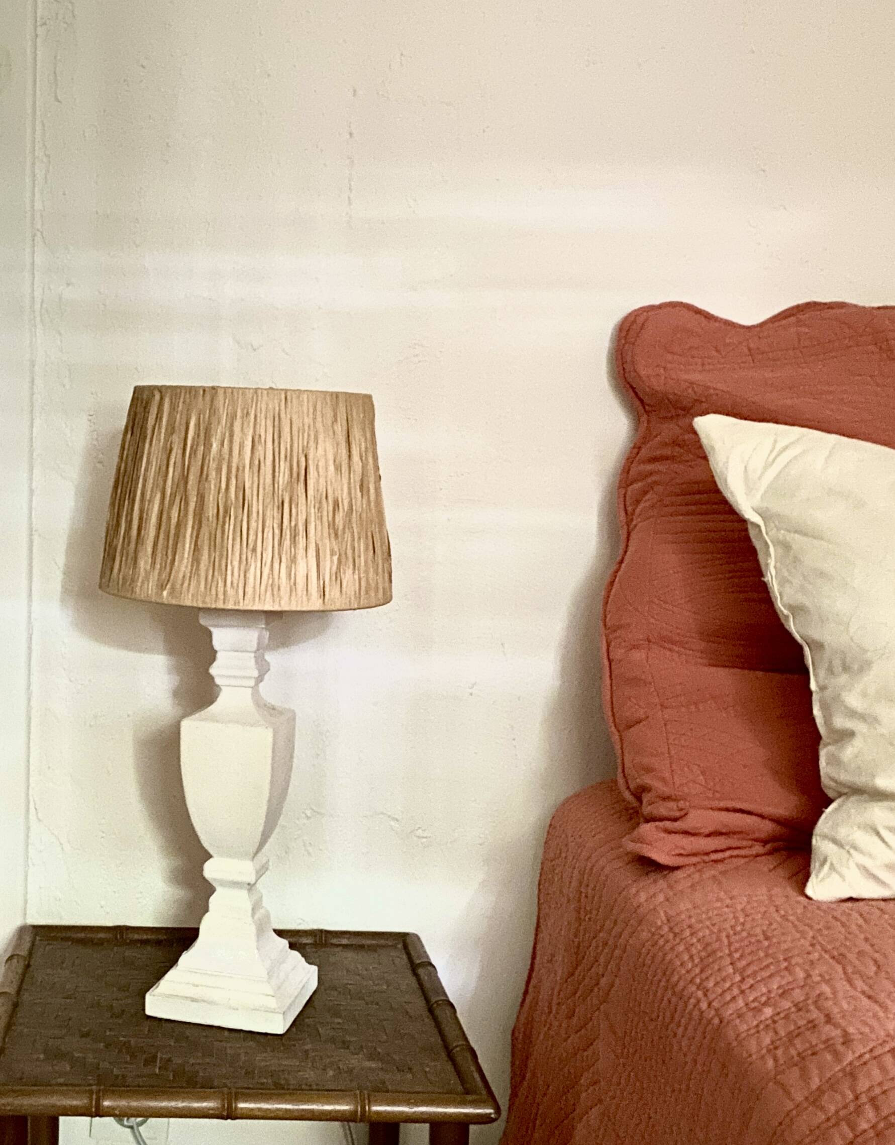 Wood and plaster lamp, new 2M cable, raffia lampshade
