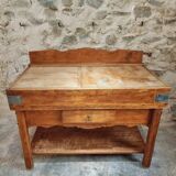Table de boucher française vintage – Bloc de hêtre des années 1960 – Table de boucher avec tiroir et étagère