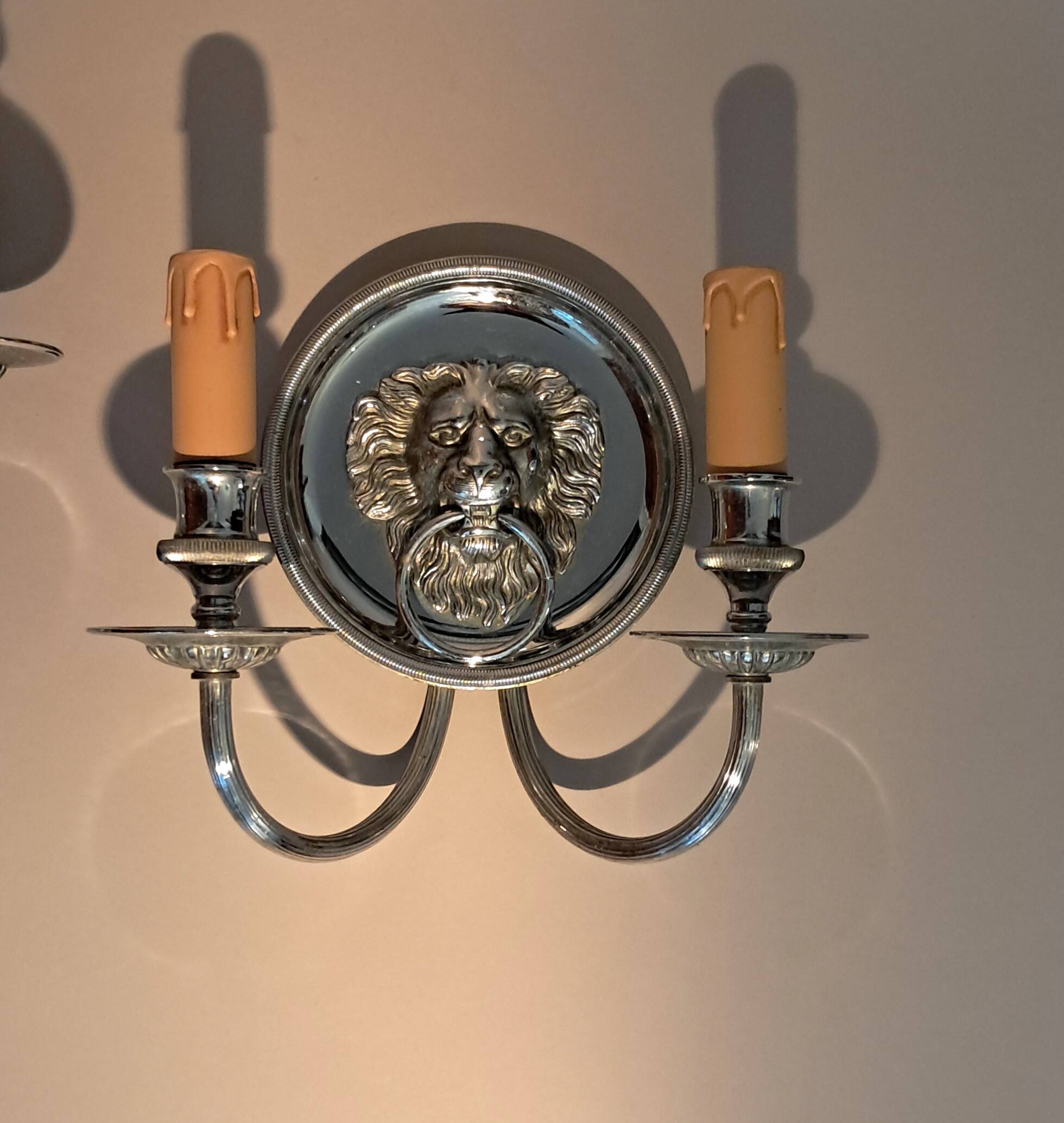 Pair of two-armed silver-plated bronze wall lights from Maison Charles, 1960.