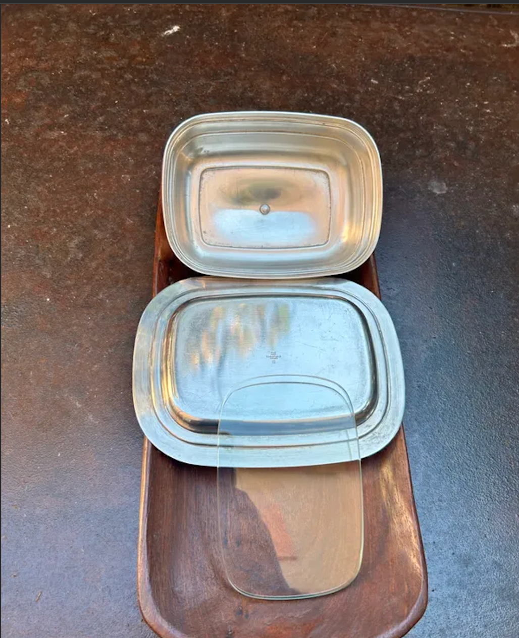 Christofle butter dish model Albi, Complete (3 pieces), Silver-plated Metal and Glass