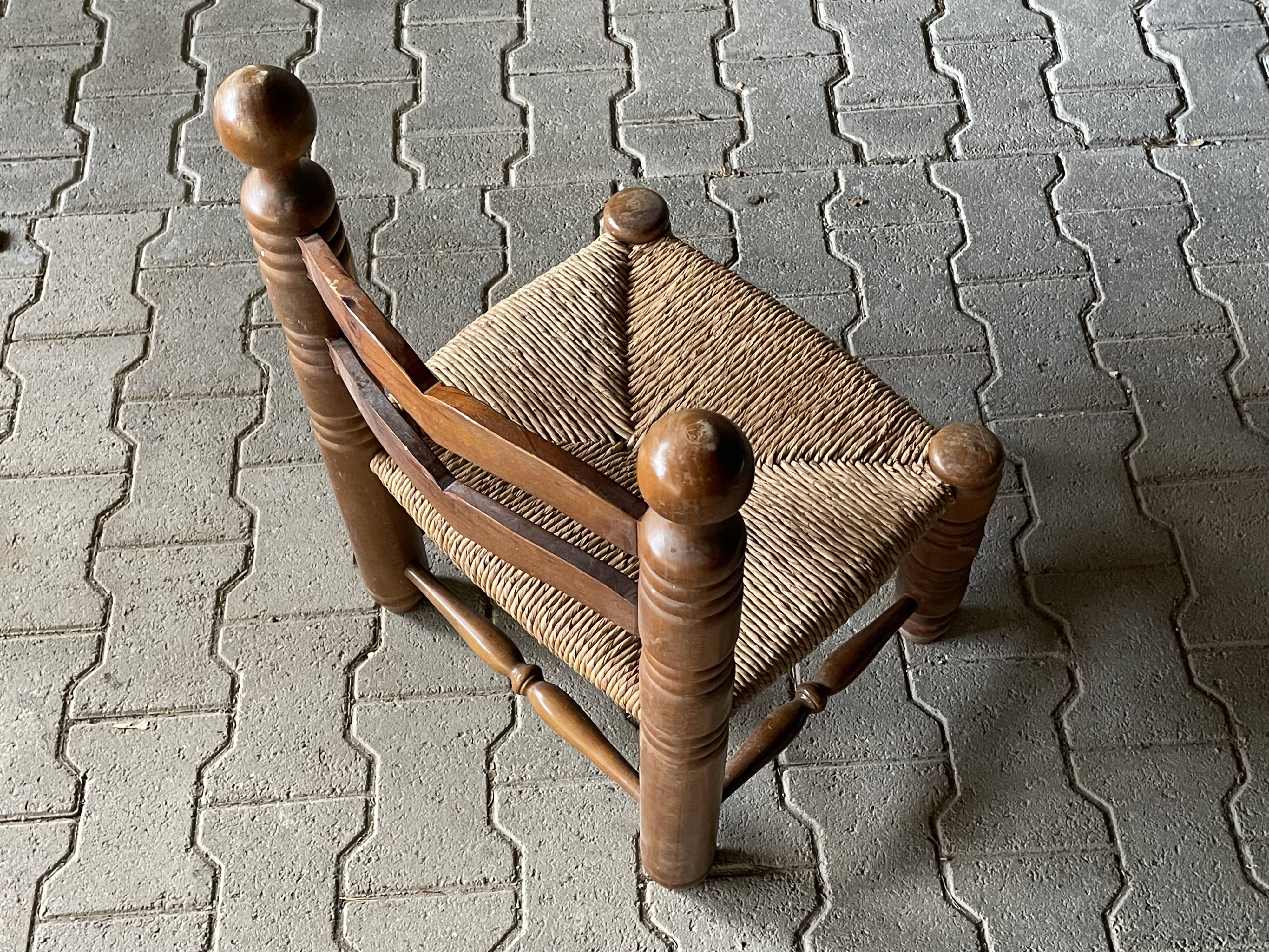 Rustic oak and straw chair, France 1940s