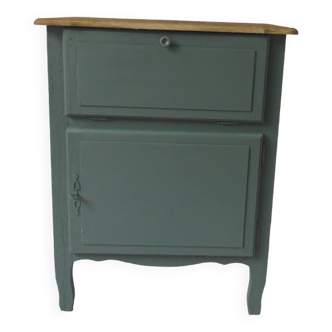 Vintage furniture in smoky green, wooden top.