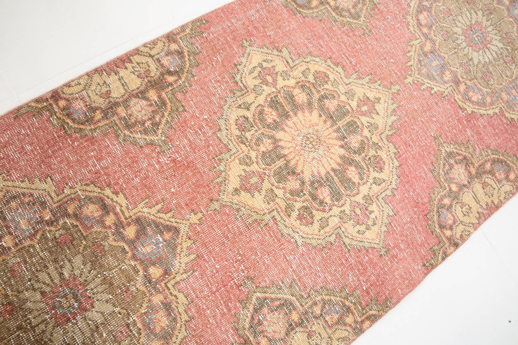 3x12 Pale Red Cream Soft Wool Vintage Runner Rug