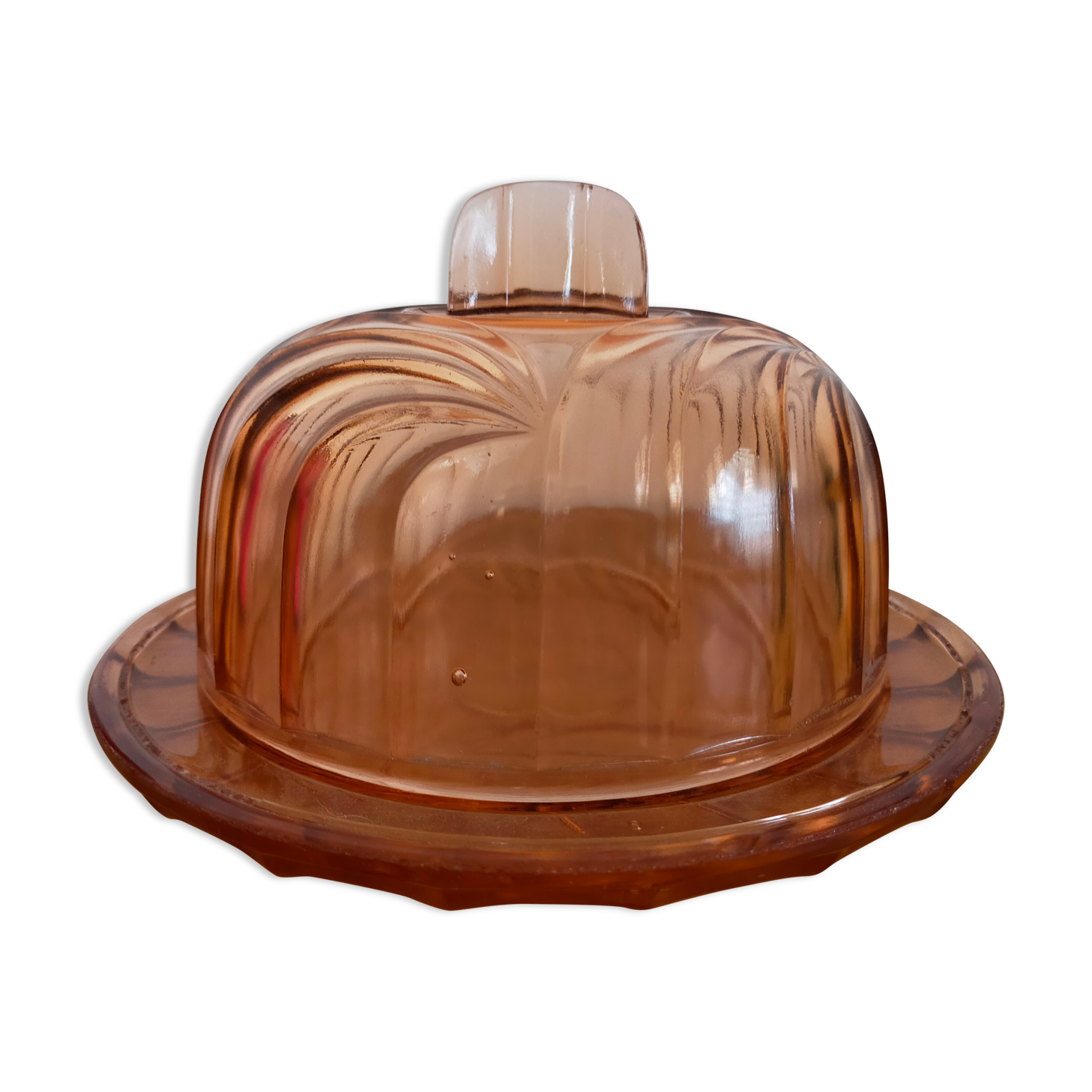 Cheese bell and vintage plate in art deco pink molded glass