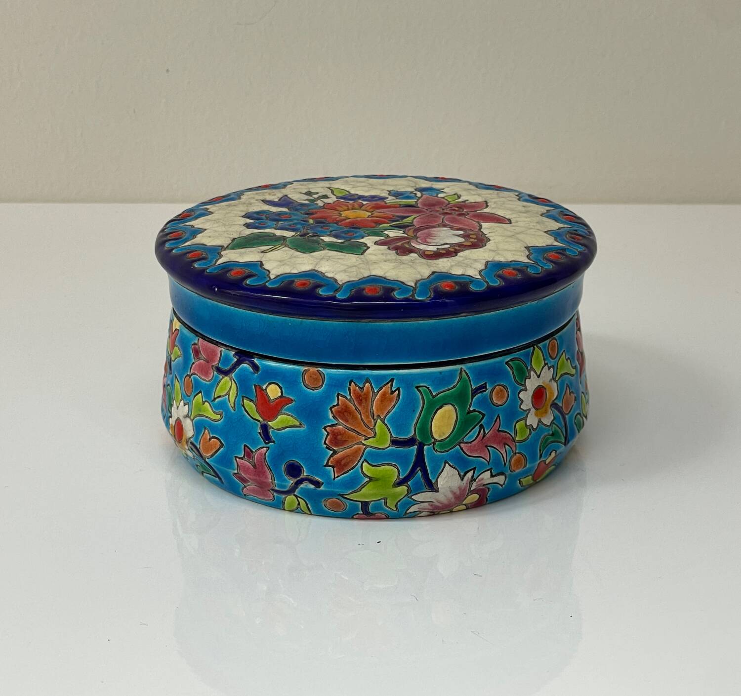 Enamelled faience jewellery box Longwy floral decoration