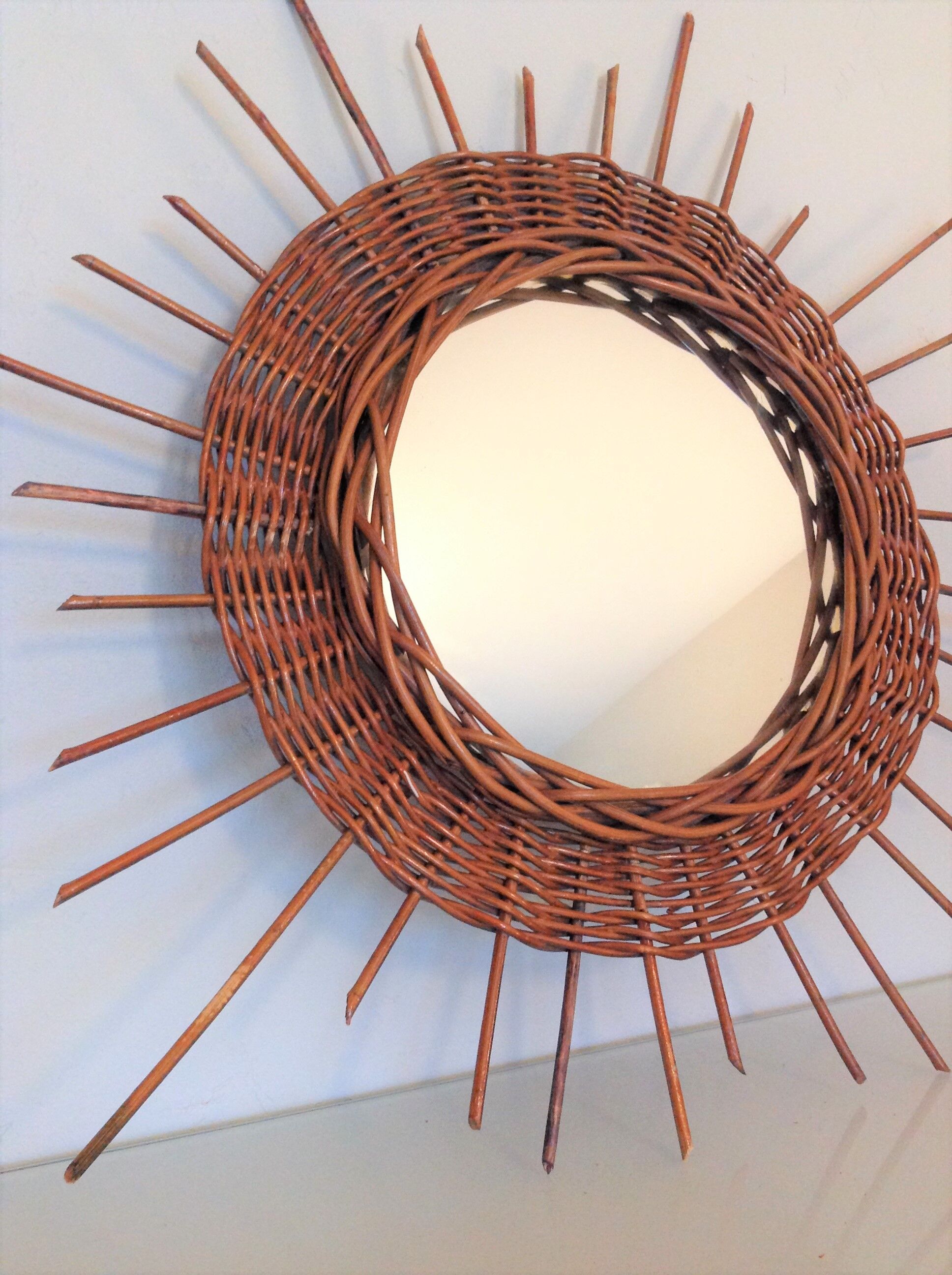 Wicker sun mirror 36 cm/ vintage 60s-70s
