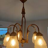 Art deco bronze chandelier with 5 tulips.