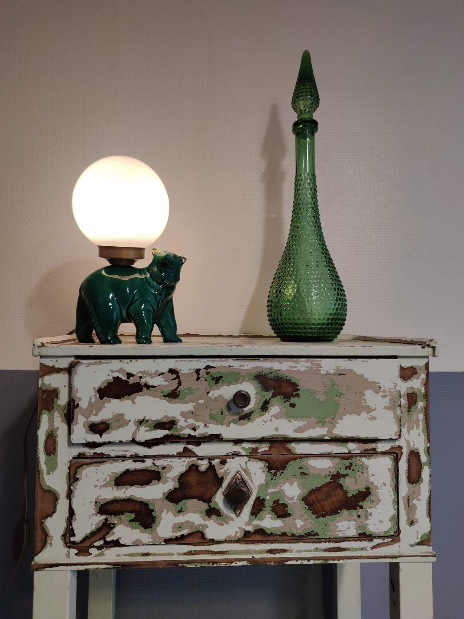 Green ceramic bear lamp and white opaline globe