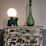 Green ceramic bear lamp and white opaline globe