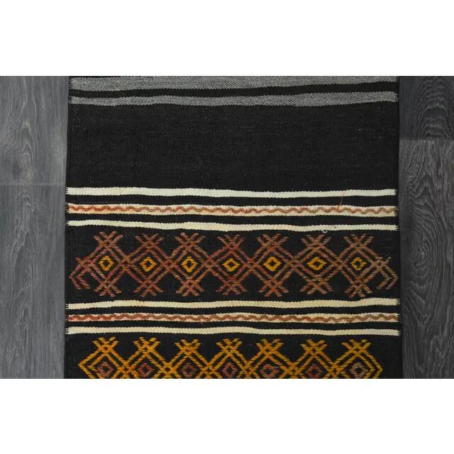 1970s Turkish Oushak Handmade Wool Cotton Black Runner Rug 63x246