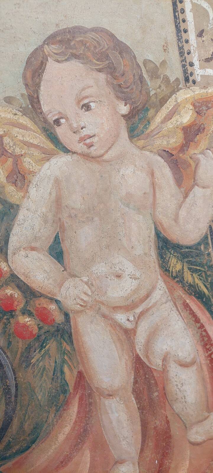 Allegory large painted tempera panel on decorative canvas 170x80 cm