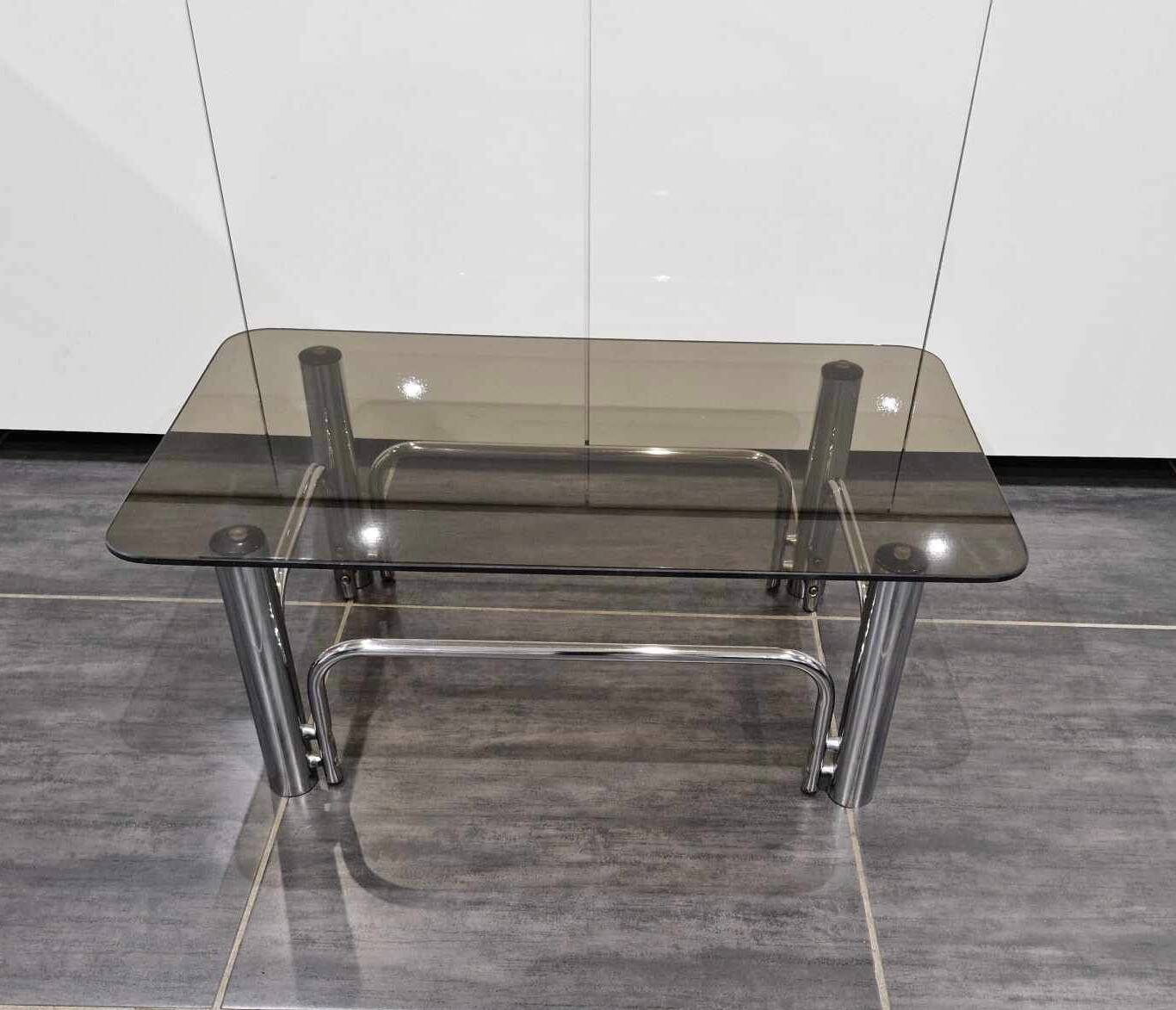 Vintage coffee table chrome metal and smoked glass 1970s