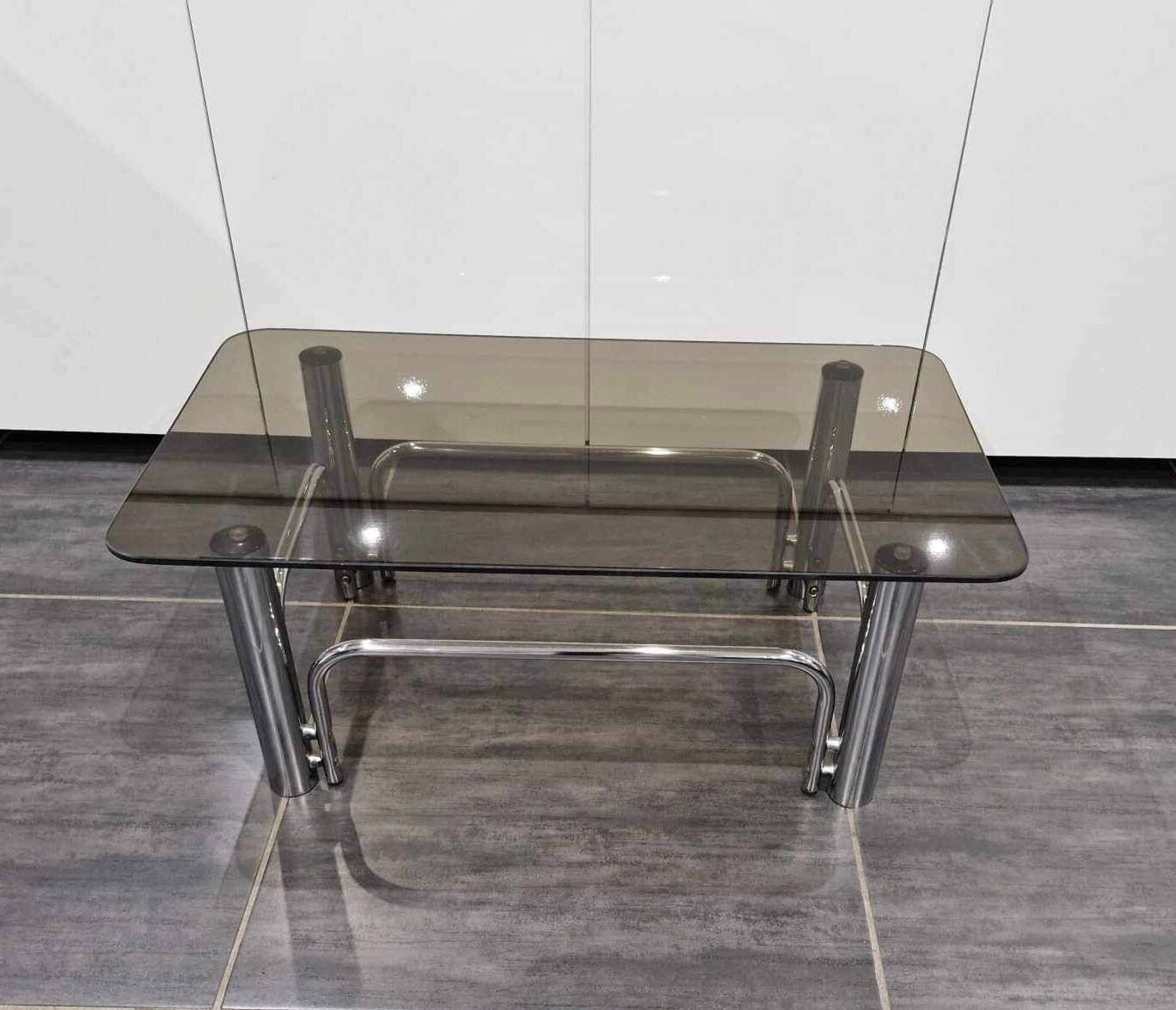 Vintage coffee table chrome metal and smoked glass 1970s