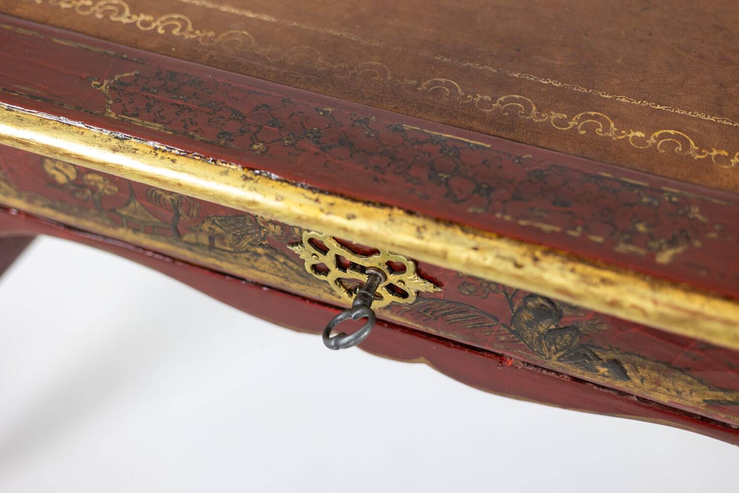 Louis XV style bureau plat with lake scene decoration. Circa 1800.