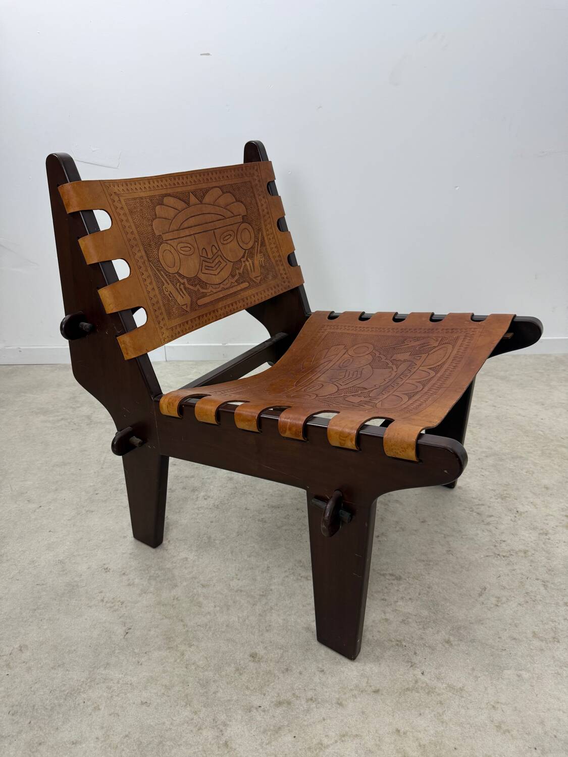 Vintage teak and leather armchair design Angel Pazmino brand Ecuador vintage 1960