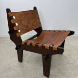 Vintage teak and leather armchair design Angel Pazmino brand Ecuador vintage 1960