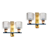 Pair of wall sconces in gilded brass and textured glass