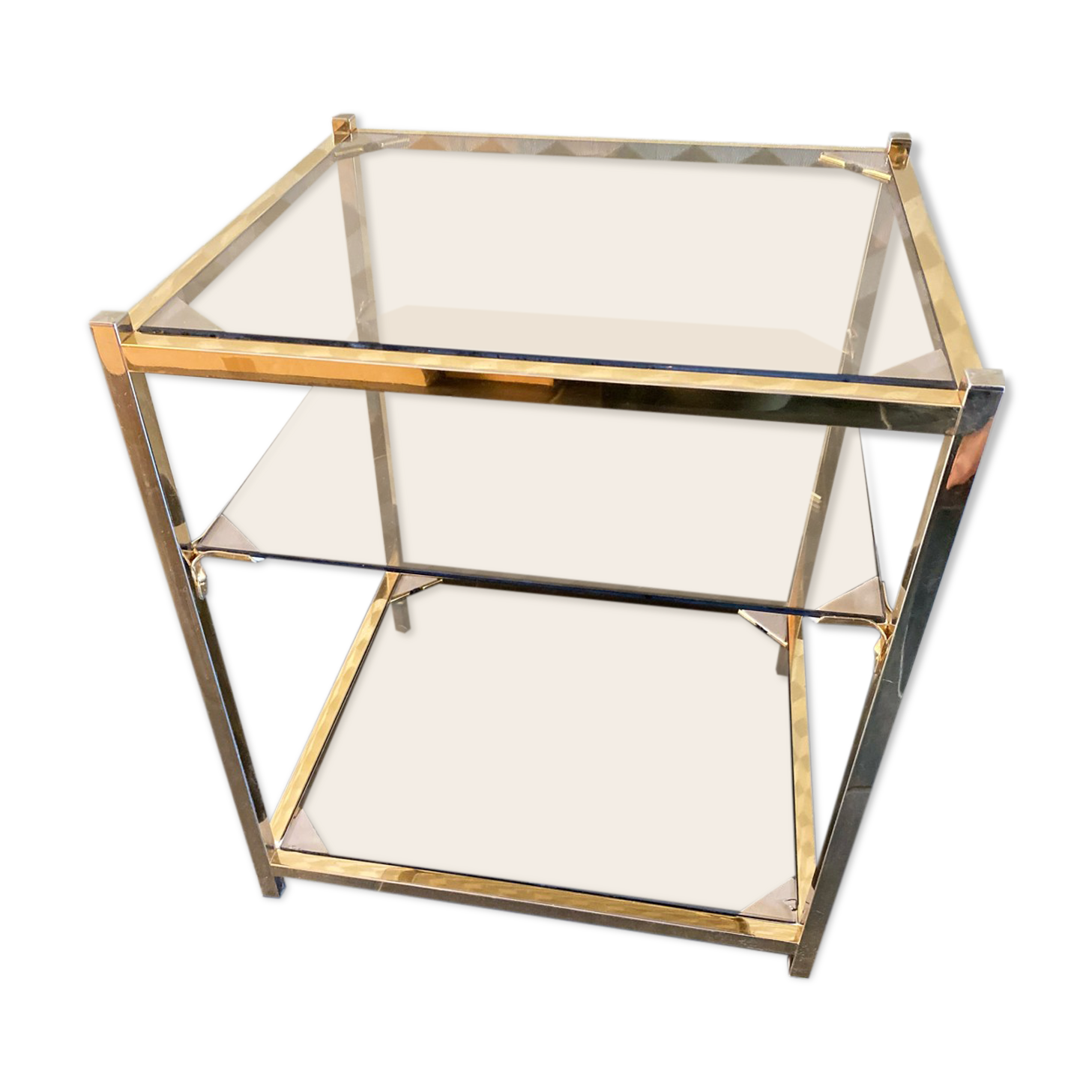 End of sofa 3 trays in smoked glass and brass-frame 70 year