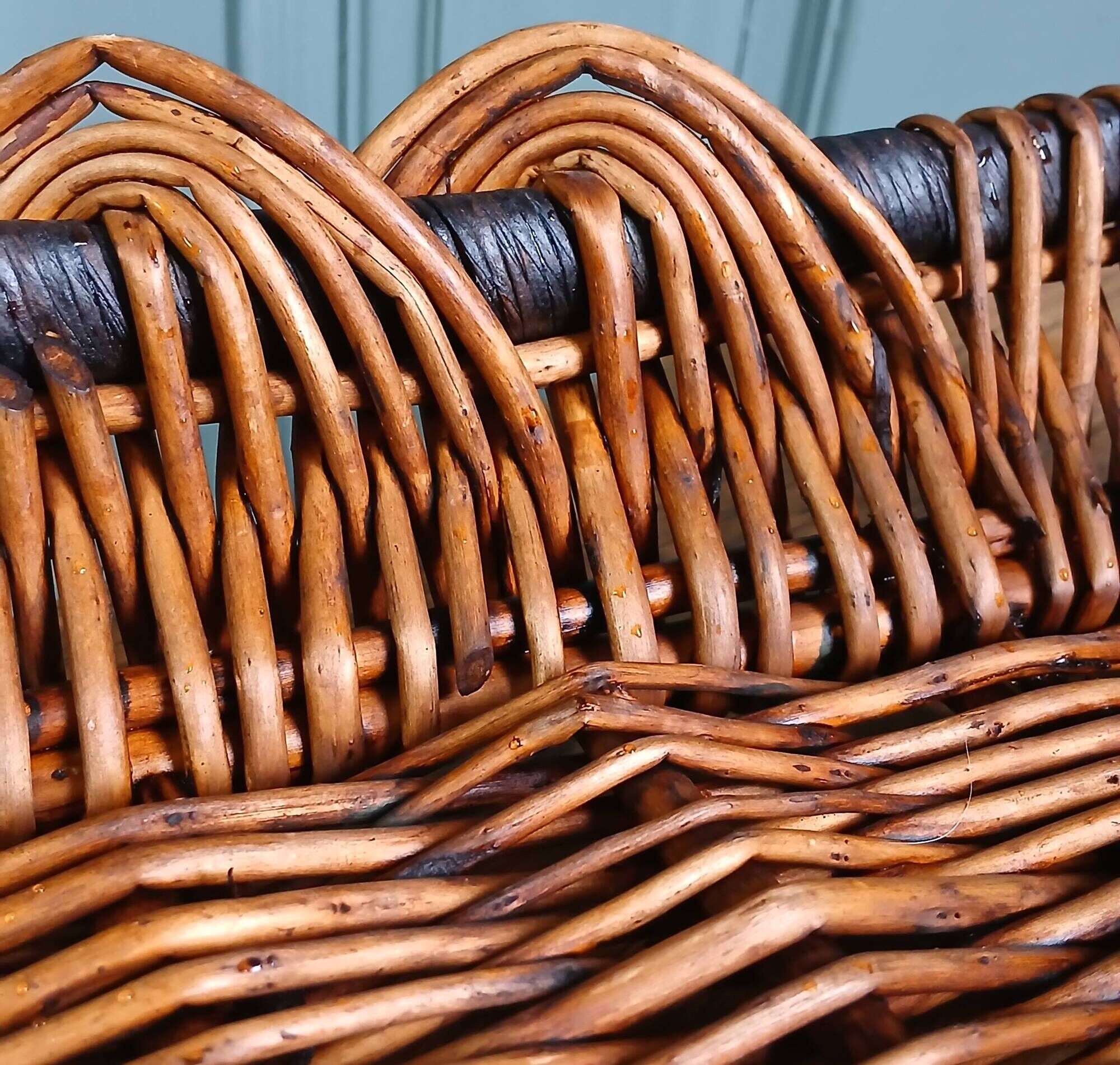 Rectangular wicker basket tray, rope & wood