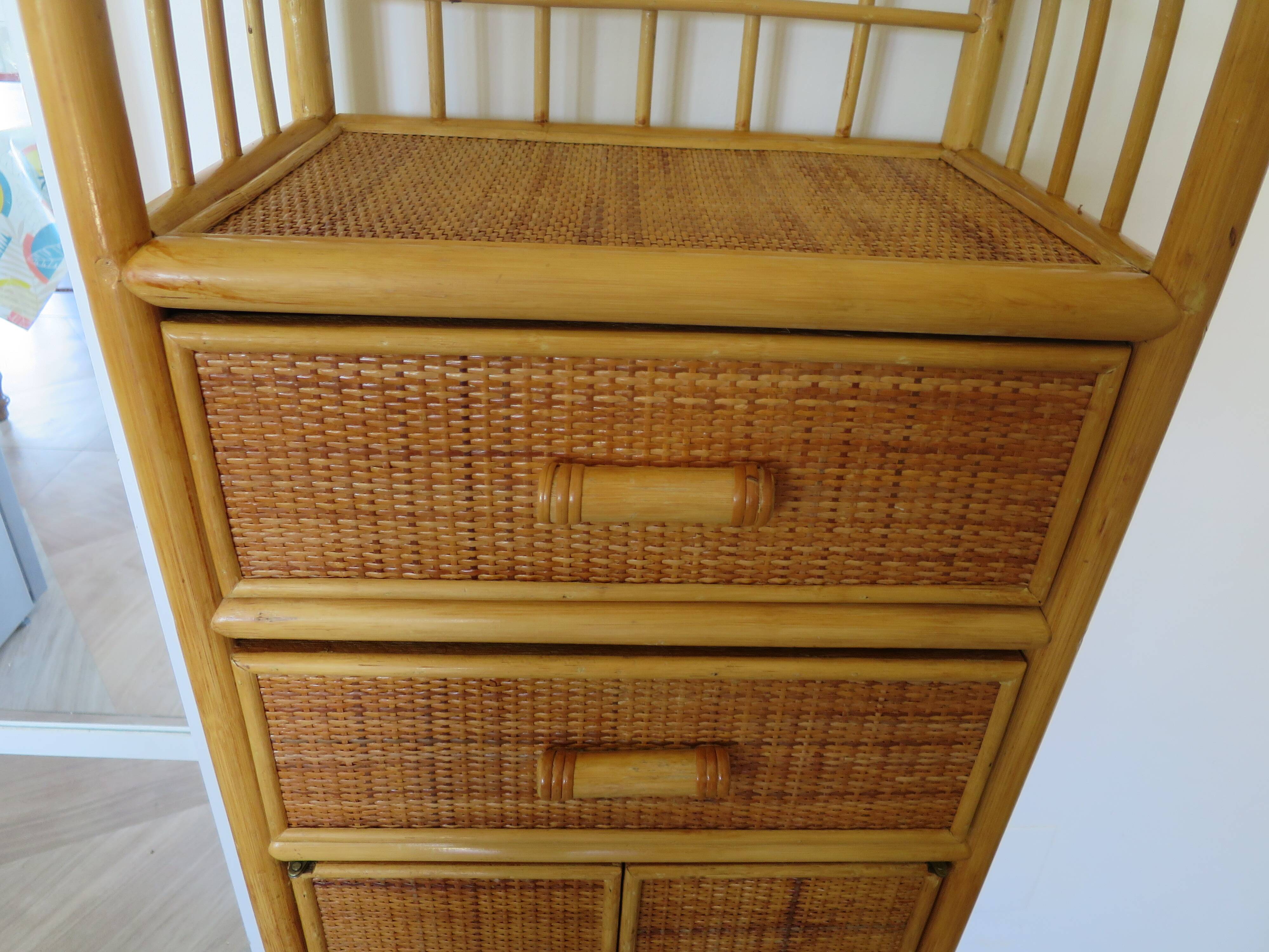 Vintage Library - 2 drawers - Woven rattan cupboard - 1980s - natural