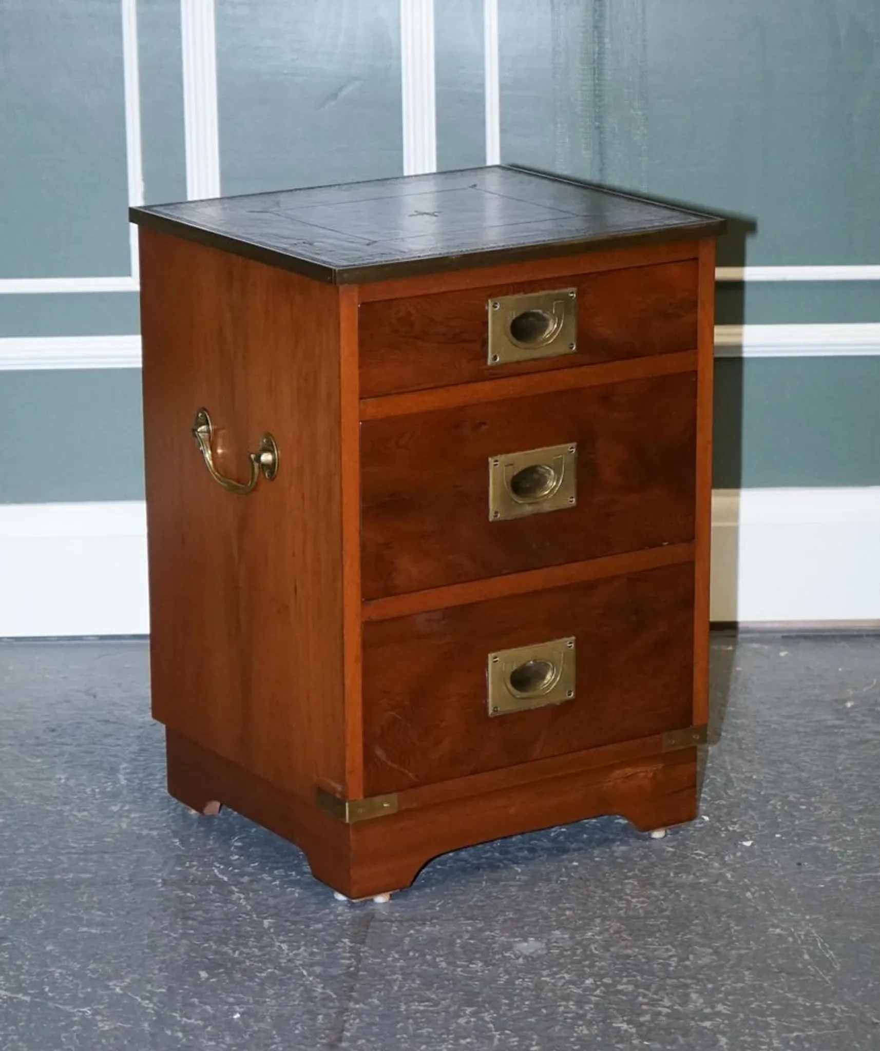 Yew Wood Nightstand Military Campaign with Green Leather Top