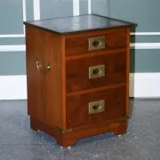 Yew Wood Nightstand Military Campaign with Green Leather Top