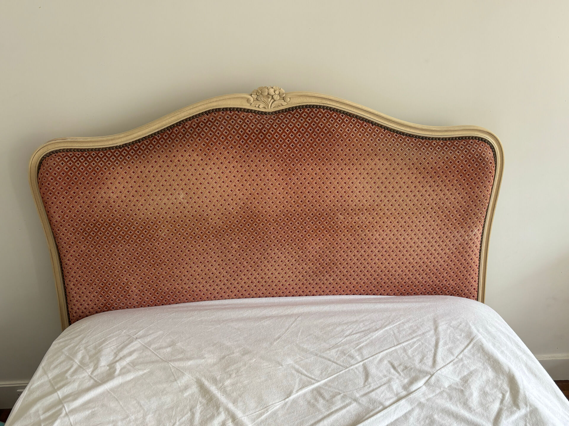 Elegant Louis XV style upholstered bed, patinated wood, house spirit of f