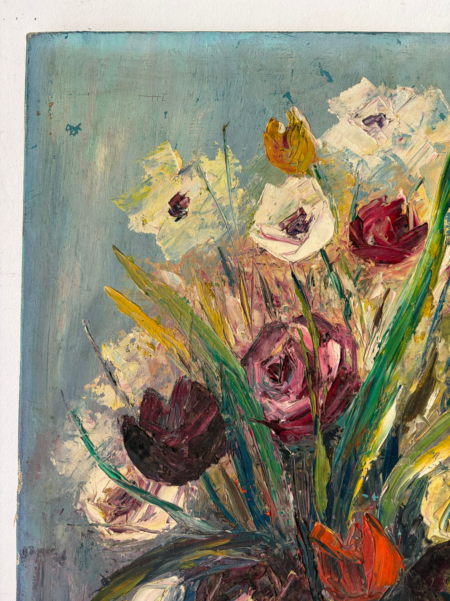 Bouquet, huile au couteau, signée Lallemand