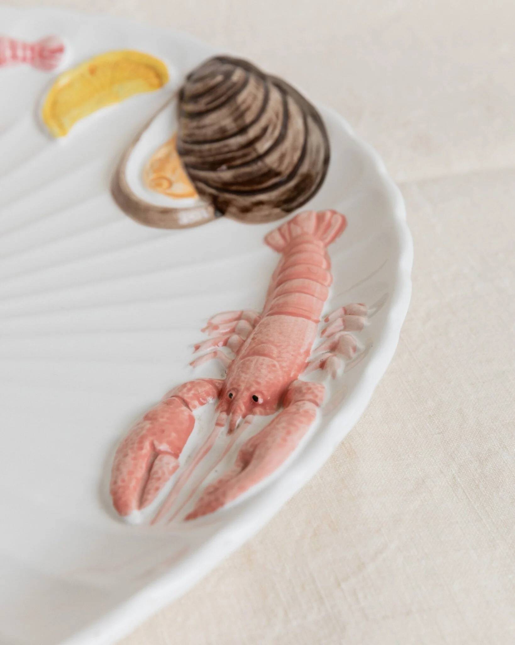 XL White Ceramic Oval Seafood Plate, 1980s Japan, Hand-Painted Relief, Vintage Decor