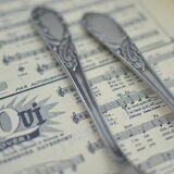 Old salad cutlery, made of metal, in their Amefa case