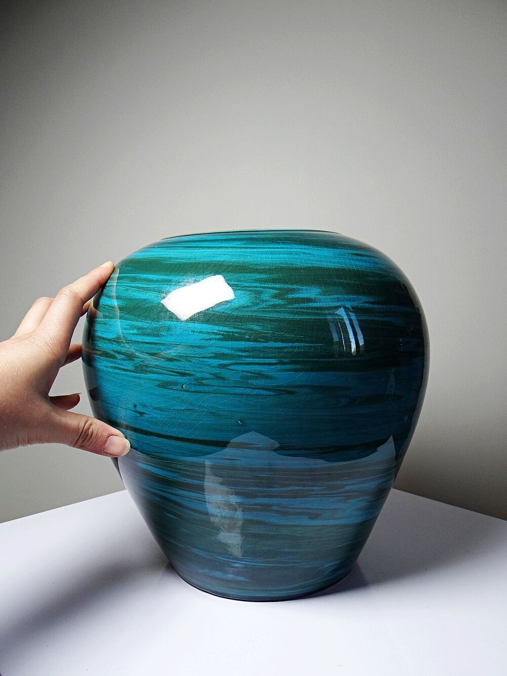Large ceramic vase with mixed clays, malachite green glaze, 1950s-70s.