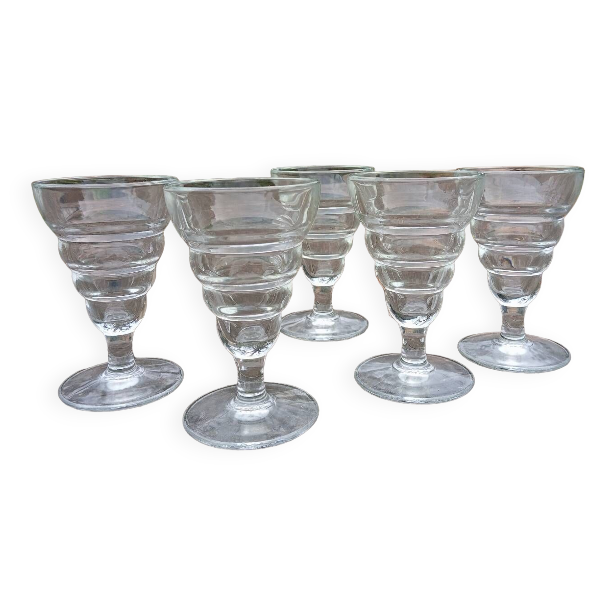 5 old absinthe glasses, thick molded glass, art deco