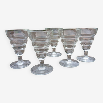 5 anciens verres à absinthe, verre moulé épais, art deco