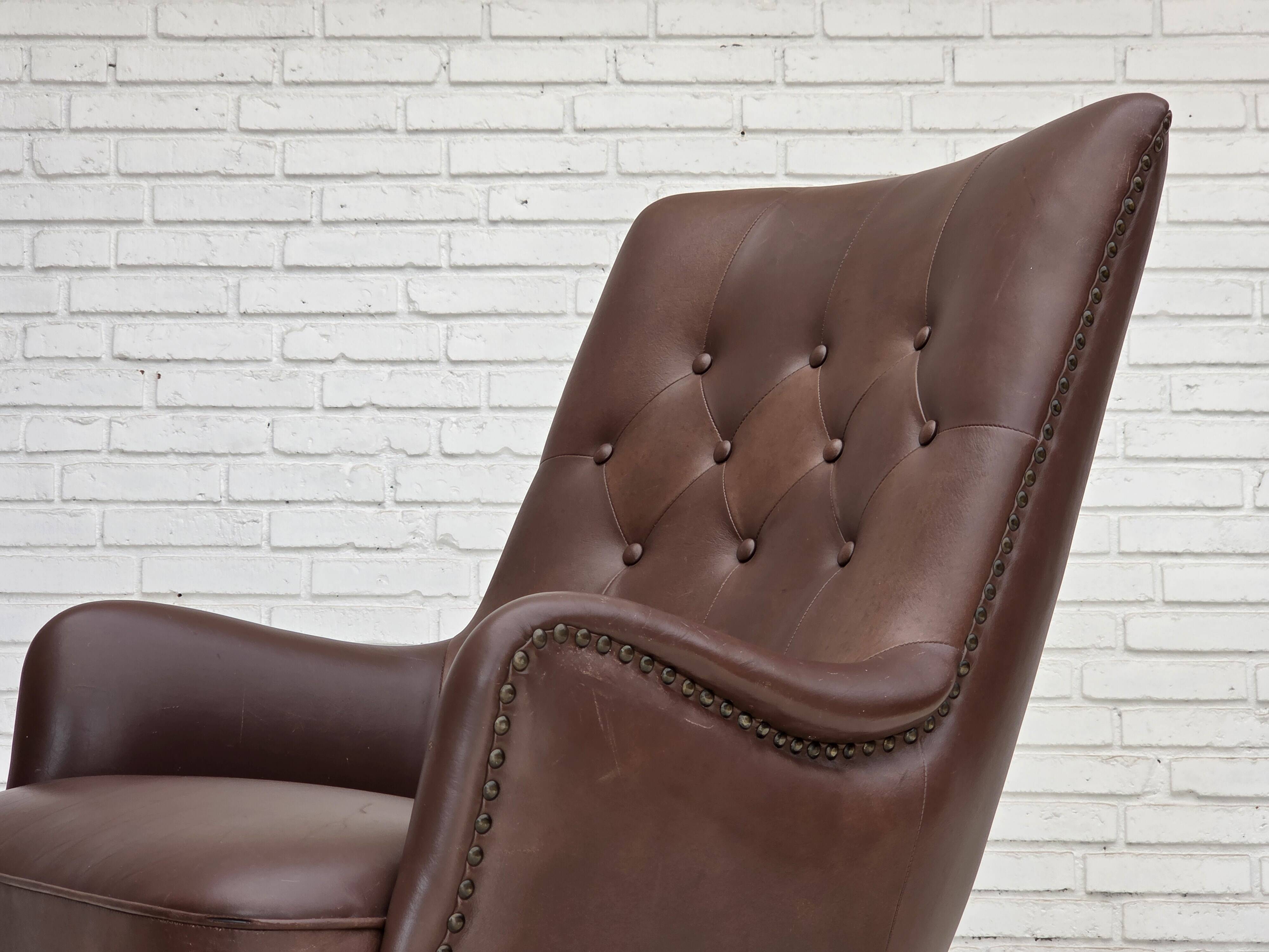 1970s, Danish armchair, original brown furniture leather.