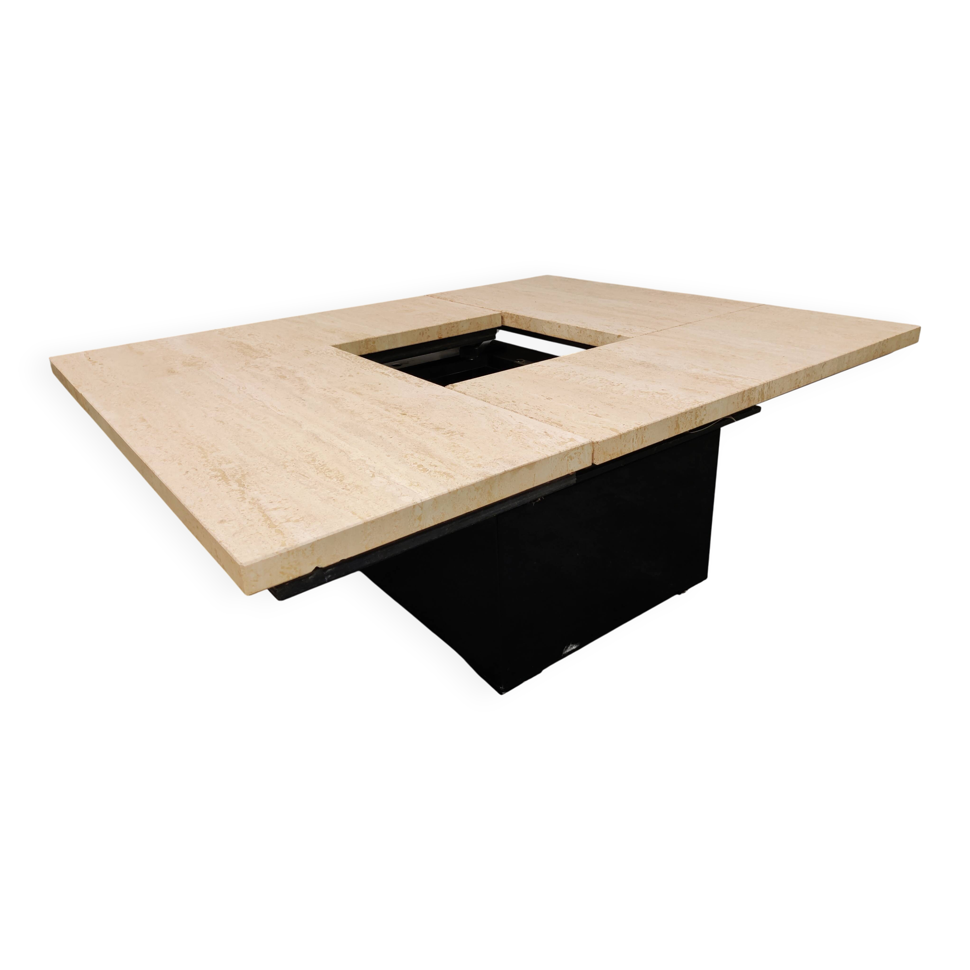 Vintage hidden bar coffee table in travertine, 1970s.