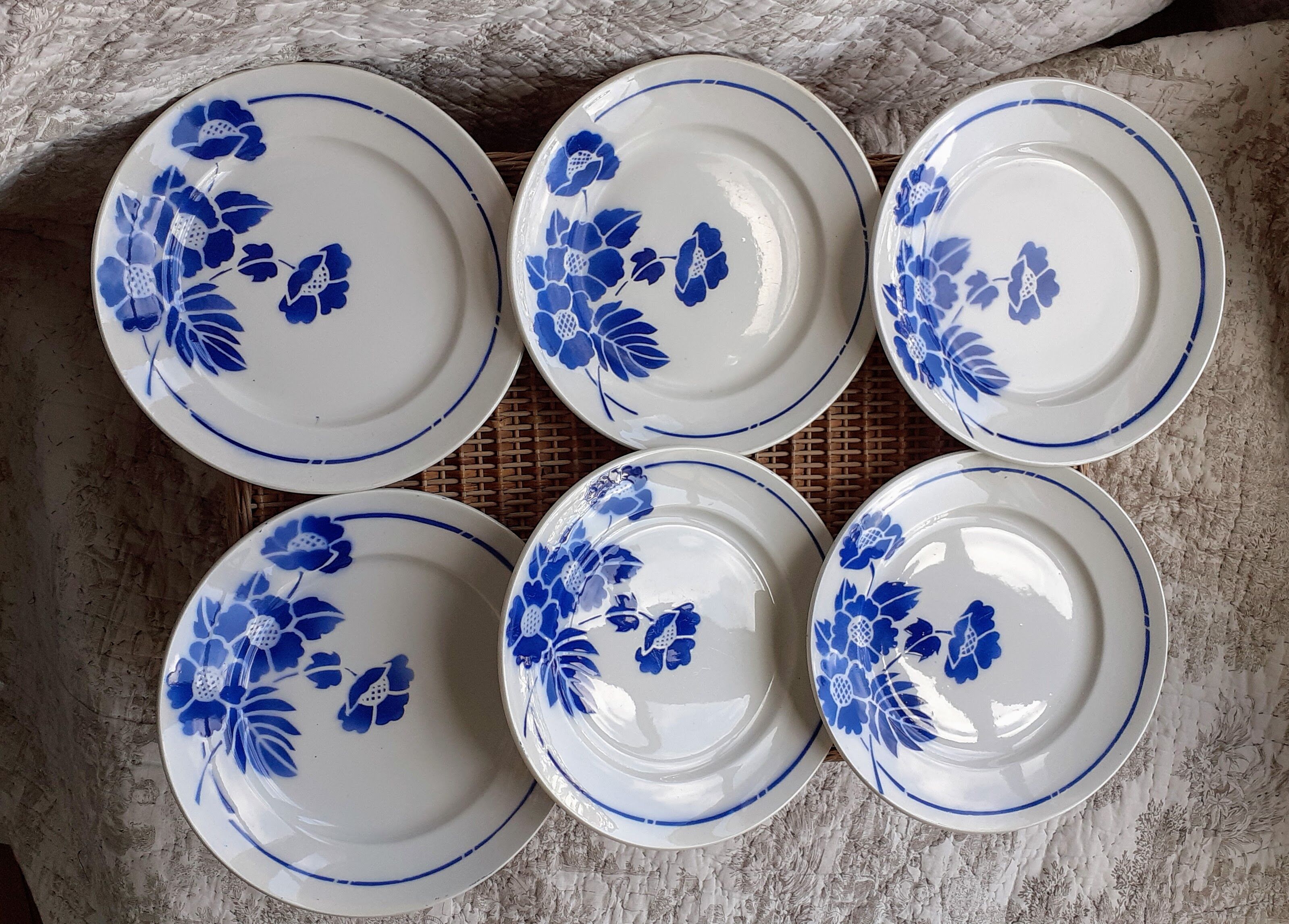 6 flat plates blue flowers