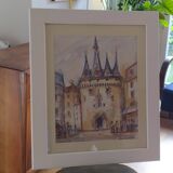 Watercolor "Music Festival at Porte Cailhau" Bordeaux signed Fouquet