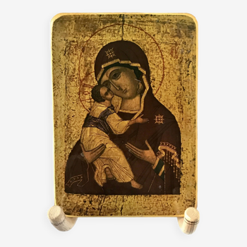 Icon on wood black virgin with child