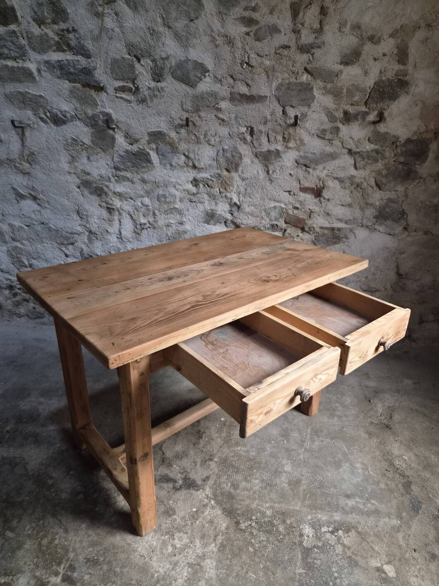 Vintage pine kitchen table or desk with two drawers – 1950s