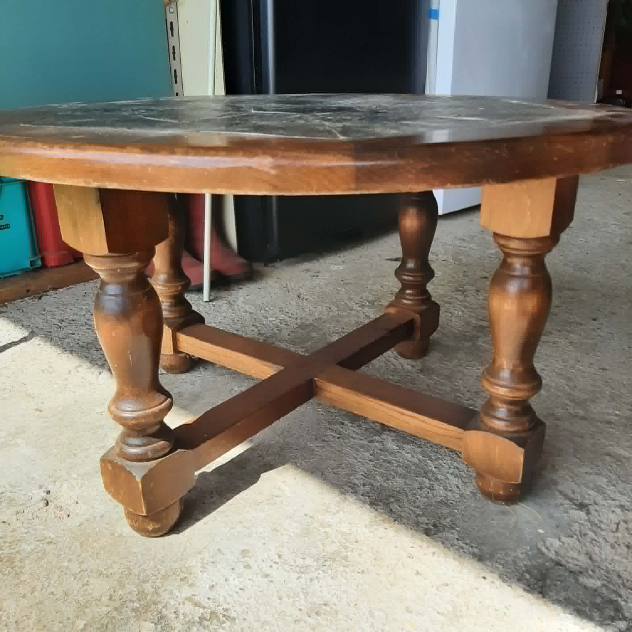 Round coffee table in solid oak and slate / signed Motard