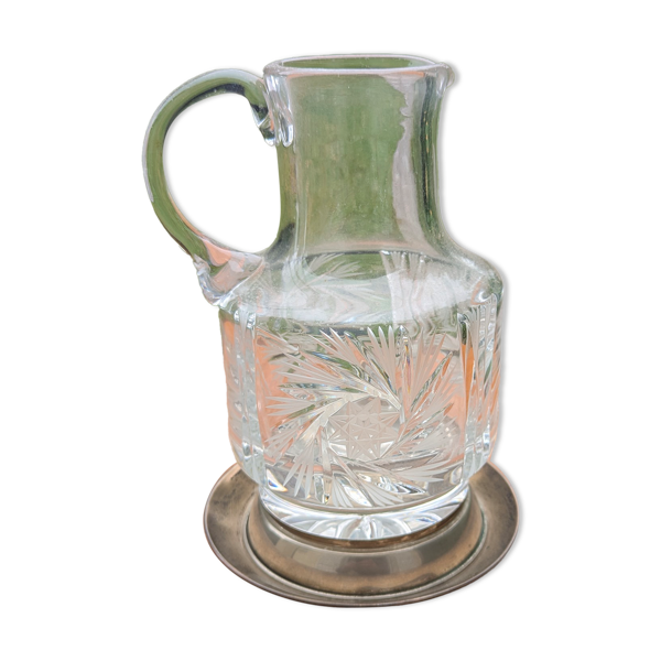 Pichet / Carafe en verre taillé ou cristal et sa sous-bouteille en métal ar