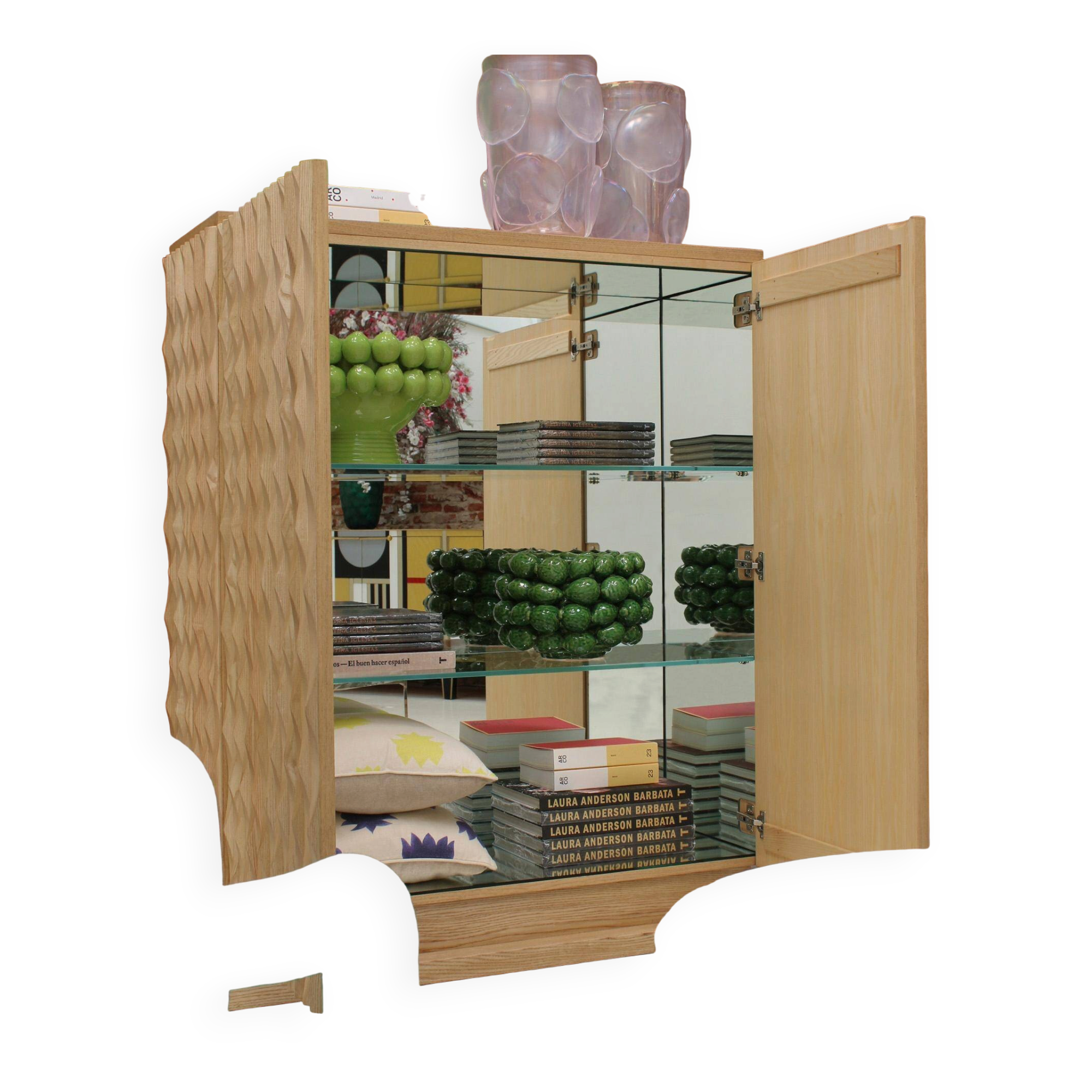 Brutalist Style Hand-carved Solid Oak Wood and Glass Mirror Italian Bar Cabinet